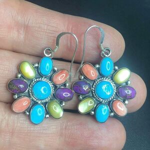 2400 Sterling Silver signed star S 925 turquoise coral sugilite Earrings 7.3gram